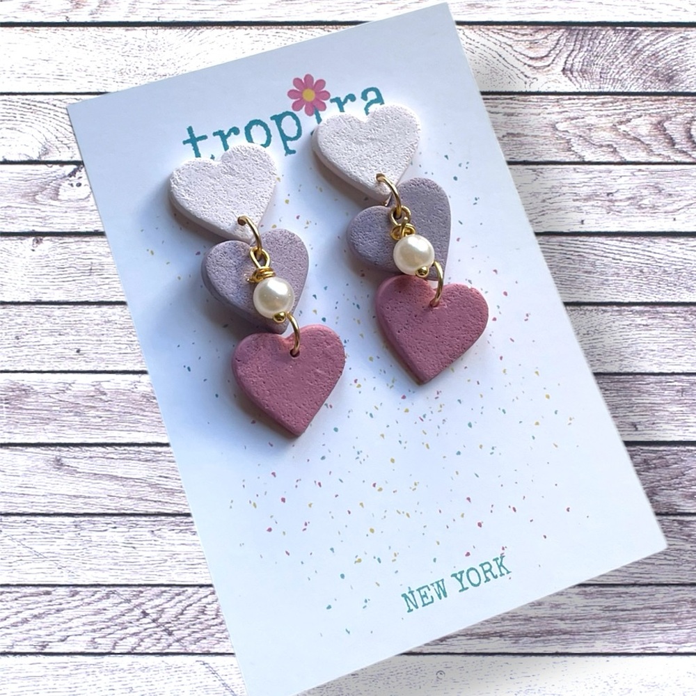 Triple Hearts Dangling Polymer Clay Earrings with Faux Pearls